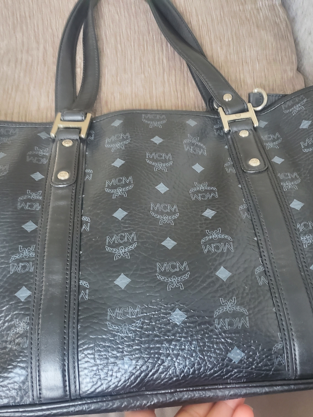 MCM Jumbo 18"×13"×6" Black Logo Tote Bag -shoulder Womens